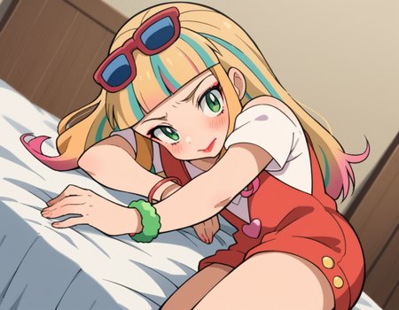 score_9, score_8_up, score_7_up, source_anime,
pokemonrisa, <lora:pokemon-risa-movie-ponyxl-lora-nochekaiser:1>,
risa, long hair, bangs, blonde hair, green eyes, multicolored hair, blunt bangs, makeup, lipstick,
shirt, jewelry, short sleeves, heart, bracelet, sunglasses, eyewear on head, overalls, overall shorts,
indoors, bed, bed room, on side, blush, drunk,
looking at viewer, cowboy shot, solo, dutch angle,