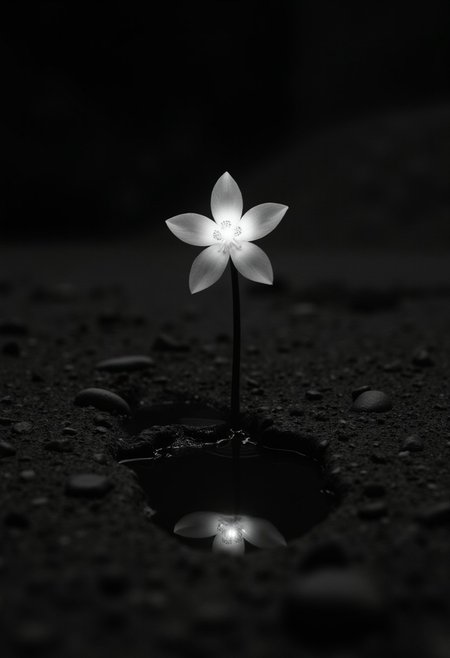 infrared image, black and white, monochrome, macrophotography photo of a small glowing white flower on an all black plant, the plant is alone and growing on a small alien rocky barren asteroid next to a tiny puddle of water, the glowing flower reflecting in the small puddle