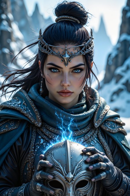 A hyper-realistic portrait, photorealistic photo close-up image of A middle-aged Alethi woman with golden skin and sleek, jet-black hair pulled back into a tight bun is shown in a close-up portrait, her fierce blue eyes narrowed in determination as she grips an ancient, glowing shardplate helmet in her hands. She stands atop a windswept plateau in the Frostlands, where the ground is covered in a thin layer of ice that reflects the pale light of a distant sun. Her clothing is a strange mix of traditional Alethi armor and flowing, silver-and-blue robes that billow in the freezing wind, and she wears a circlet of thin, interwoven metal strands that spark with latent stormlight. The shardplate helmet pulses with energy, casting a soft blue glow on her determined face as she prepares to don it. The plateau is surrounded by jagged ice formations that tower above, their sharp edges glistening in the cold light. This portrait conveys a moment of resolve and readiness, where the womanâs unusual attire and the stark, frozen landscape highlight her readiness to face whatever challenges lie ahead. (photography, high-resolution, dynamic, energetic,hyper-realistic, dramatic lighting, shallow depth of field.), detailmaximizer, MythP0rt<lora:midjourney_whisper_flux_lora_v01:0.55><lora:aidmaMJ6.1-FLUX-V0.1:0.4><lora:FluxMythP0rtr4itStyle:0.4><lora:detailed_flux_ntc:2.2><lora:aidmaImageUpgrader-FLUX-V0.1:0.65>
