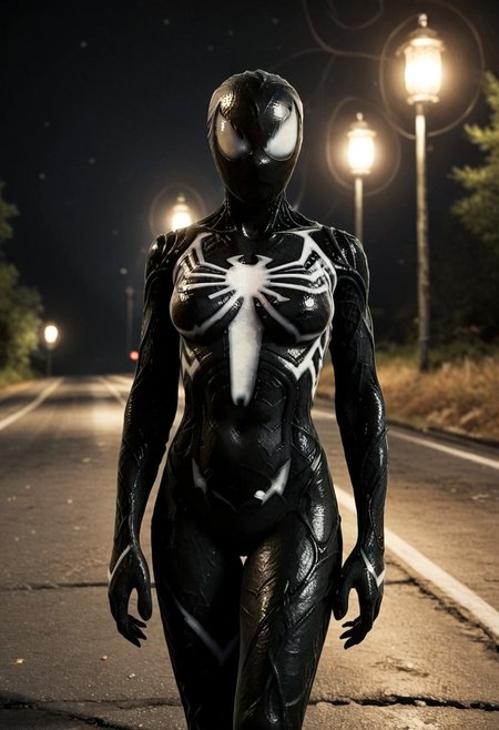 road tunnel background, 1girl, solo, symbiote suit, black suit, black, venom logo, black mask, white eyes, white patches on hands, standing, black webs, skinny, symbiote tendrils, female, hands on hips, (curvy:1.2), black sharp nails, hourglass figure, night, looks away, white blue light of lanterns,