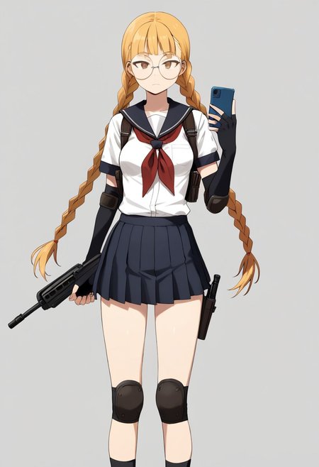 solo, 1girl, skinny, androgynous, looking at viewer, round eyewear, blond hair, long twintail braids, white school uniform, skirt, knee and elbow pads, fingerless gloves, holding flip phone, holstered rifle to the side, medium breast, mid movement, dynamic pose, smewed.