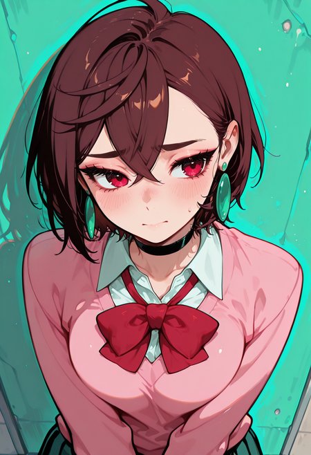 score_9, score_8_up, score_7_up, masterpiece, best quality, very aesthetic, detailed face, (dynamic:1.2), stylized, illustration, dynamic pose, ayasemomo, hair between eyes, crossed bangs, green earrings,  brown hair, red eyes, black choker, short hair, white shirt, red bowtie, pleated skirt, school uniform, pink cardigan, long sleeves, ayasemomo, hair between eyes, crossed bangs, green earrings, brown hair, red eyes, black choker, short hair, japanese school, against wall, shy expression, teal outline <lora:ck-shadow-circuit-IL:0.5> in the style of cksc <lora:incoth:0.5> incoth, (incase:0.5) <lora:TrendCraft_The_Peoples_Style_Detailer-v2.3I-4_16_2025-Illustrious_1571400:0.3> <lora:Smooth_Booster_v3_1685428:0.2>âââ <lora:perspective:0.2>  <lora:WeaponSpellBindIL:0.3> teal magic, spell bind <lora:9_EnchantingEyes:0.8> Enchanting Eyes <lora:ayase_momo-koto-Illustrious v01:0.7>