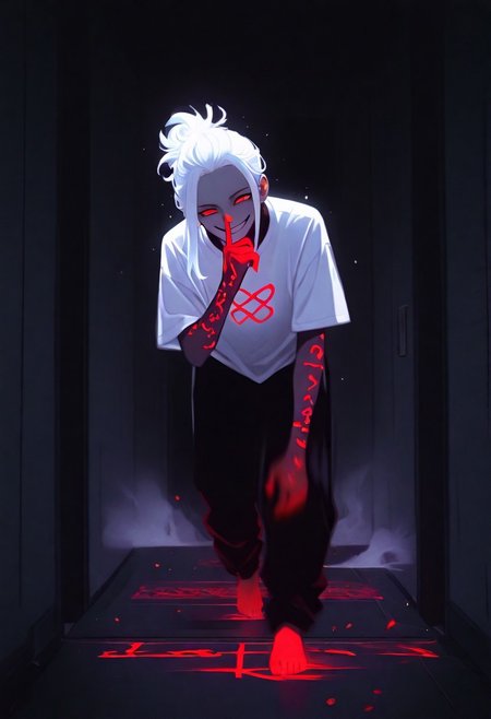 A  demon boy, red eyes, red eye effects, white hair, 3:7 hairstyle, ancient runes carved on the skin, wearing a white T-shirt, black wide-leg pants, barefoot, raising his hand to his mouth, biting his index finger, evil smile, red paint flowing out of his eyes, walking forward, motion blur, corridor in the background, modern city, university dormitory building, dark background, mottled walls on both sides, closed dormitory door, white smoke rising from the ground, hazy atmosphere, eerie feeling, ultra-fine dark red particles, chaos effects, front shot, low angle
, xxx667_illu, melanch0ly, <lora:illustriousXL_stabilizer_v1.23:0.3> <lora:NOOB_vp1_detailer_by_volnovik_v1:0.3> <lora:ponyv6_noobE11_2_adamW-000017:0.3> <lora:XXX667:0.7> <lora:MelancholyAnime:0.8>