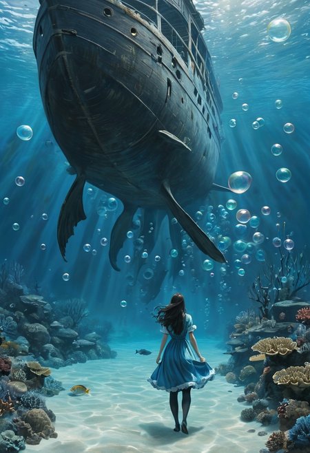 (water-colored), illustration, style of Jessica Galbreth,
(far view, far shot, rear view, facing away:1.3),
(Alice, very long dark brown hair,  hair rim lighting, hair in the wind, blue maid dress with short sleeves, black tights, black shoes:1.5), 
fog, dreamy, dream, coral, fish, sea weed
(walking, under water, bubbles, coral, giant fishes, sea weed, giant old ship swimming:2)