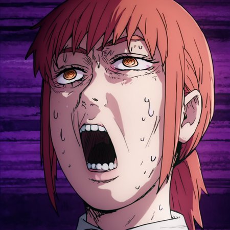 score_9, score_8_up, score_7_up, score_6_up, score_5_up, score_4_up,  <lora:mak1ma0XL_Pony_v1:1> , mak1ma0, red hair, long hair, ringed eyes, white collared shirt, black necktie, alone, masterpiece, highres, highly detailed face, <lora:Mob_Psycho_funny_face-000008:1>, mob_psycho_funny_face, female focus, open mouth, snot, exaggerated expression, impact lines, teeth, sweat, Distorted purple background