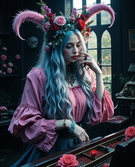 imagine an image in the style of cinematic photorealism. hyper realistic professional photography of an mystic (ahri:1.2) with creepy whimsical elements and cerulean hair, playing the piano, eerie fairytale landscape, elaborate fantasy style art, very colorful, intricate details, ultra sharp, exquisite detail, flawless composition, vivid colors, masterpiece, exciting background, realism, 8k, film still <lora:Cinematic_Dark_Cottagecore_Flux_Edition:1> dc-flux with a slight melancholic undertone
