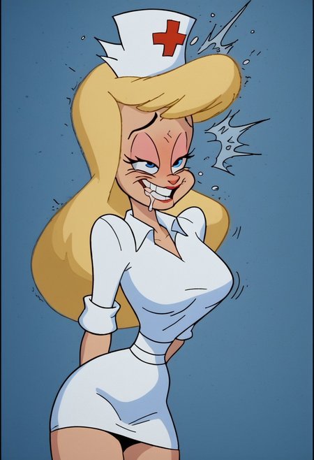 score_9, score_8_up, score_7_up, rating_questionable, zPDXL, 2d source_cartoon, (adult:1.2), facing the viewer, , horny, solo 1girl
<lora:Hello_Nurse_XL_Animaniacs:1> Heloise Nerz, 1girl, dirty messed burnt blonde  hair, blue eyes, eye twitching, nervous eye twitching, extremely hard eye twitching, totally burnt hair, sexy, horny, flowing saliva, scared, in love, extremely dirty dress, hardly beaten fifty times, confused, deeply humiliated face, depressed face, black eyes, circles under eyes, beaten by ninty boxers, broken heart, extremely broken heart, under arrest, broken arms, toothless face, no tooth, deeply depressed, smashed teeth, toothless, crazy emotion, extremely violently beaten face, ten times more extremely violently beaten face, twenty times more extremely violently beaten,big deep shiners on both eyes, extremely big shiners on both eyes, eyes in different directions, eyes  in extremely different directions,  narrow waist
<lora:Expressive_H:1>
<lora:r3nst1mpyXLP:1> r3nst1mpy,aaa