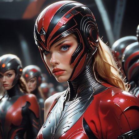 core_9, score_8_up, score_7_up, score_6_up,<lora:Year_3000_Movie_StillsPony:1> ArsMovieStill, A movie still from the year 3000s, The image shows a young woman wearing a futuristic helmet with a red and black design. The helmet has a large orange circle on the top and a small white logo on the side. The woman is wearing a black and red suit with a metallic finish. She has blonde hair and is looking off to the side with a serious expression on her face. In the background there are other people wearing similar suits and helmets suggesting that the image was taken in a futuristic setting. The overall mood of the image is intense and futuristic., realistic, helmet, blonde hair, 1girl, blurry, lips, solo focus, blurry background, blue eyes, long hair