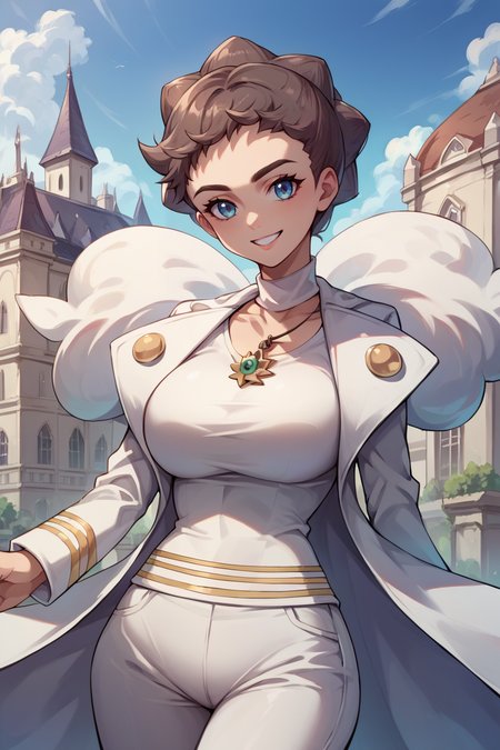 score_9, score_8_up, score_7_up, score_6_up, source_anime, solo,  <lora:diantha-pdxl-nvwls-v1:1> diantha, brown hair, necklace, white coat, white shirt, white shorts, upper body, mansion, looking at you, city, happy, big breasts
