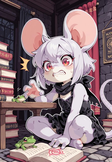 S4bit4mago_illu, anime style, s0wasow4rt_illu, halftone, detailed background,  _Style, Cartoon_Type, score_9, score_8_up, score_7_up, masterpiece, best quality, high quality, newest, highres, absurdres, <lora:sowasowart_style-000016:1>,masterpiece, best quality, amazing quality, detailed background, concept art, realistic, dark theme, low light, solo, perfect fingers, bust shot, portrait, short hair, (close up), anthro mouse girl, furry, tiny, mouse tail, cute, red eyes, surprised look, black scarf, interacting with frog, dynamic pose, sitting, holding frog, table, magicians store, magic spell, ((magical shop background)), black gothic dress, light purple fur, bottomless, picking up frog, disgusted, clenched teeth, for sale sign, cobblestone wall, windows, stacks of books on the floor, eyebrow raised, curtains, dynamic pose, masterpiece ,amazing quality, intricate details, flowing hair, (thin white outline),
