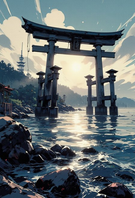 Mh1$AgThS2, intricate linework with expressive contrasts, soft lighting with dynamic highlights, A digital artwork in the style of cknc, image of a colossal tori gate in the Sea of Japan, standing 50 yards from a forested coastline, misty dawn