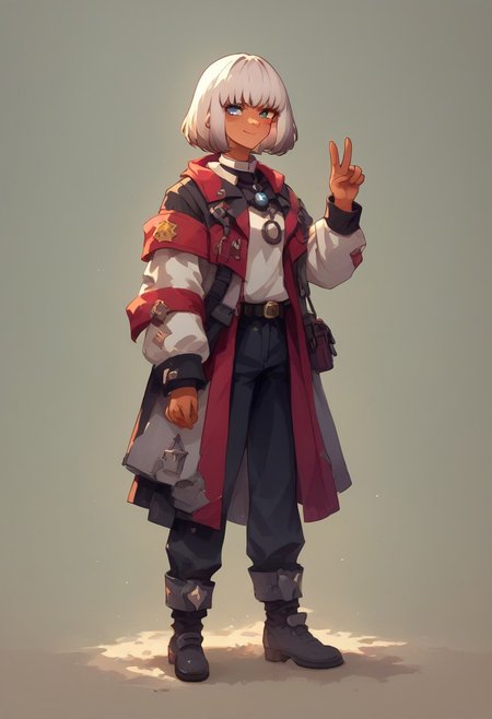 score_9, score_8_up, score_7_up,
source anime
AlmaJudikhali
dark skin, short hair, bob cut, grey hair, heterochromia, blue eyes, purple eyes.
smug face
smirk
red cheeks but tanned skin (brown skin) (dark skin)
v sign
full body