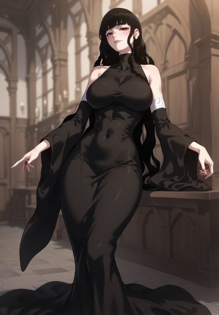 zPDXL3, score_9_up, score_8_up, score_7_up, (Anime_source),Masterpiece,(perfect female body:1.2), small waist,(incredibly detailed:1.4), slim, beautiful fingers, beautiful white skin, Beautiful clear skin, perky breasts, looking at viewer, ass, perfect ass, (large breasts:1.3) (huge breasts:1.1)  <lora:Alisha_-_The_Priest_of_Corruption_Kaleid_PONY:0.8> alisha, 1girl, black hair, long hair, red eyes, bangs, mole under eye, thick thighs, black dress, long dress, covered navel,