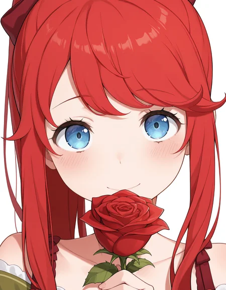 <lora:Theresia van Astrea Illu:1>
1girl, solo, 
theresi4, red hair, blue eyes, long hair, 
holding rose, portrait, blush, smile, looking at viewer, high ponytail, green dress, dress straps, red dress bows, 
simple background,  background, white background,, masterpiece, best quality, amazing quality