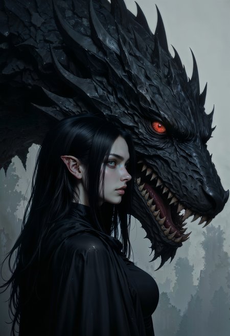 a woman with long, straight black hair and pointed ears, suggesting an elven or mythical character. Her skin is pale, and she has a serious expression. She is dressed in a dark, flowing garment. Behind her, a large, menacing dragon with black scales and glowing red eyes looms, its mouth open to reveal sharp teeth. The background is a muted, foggy landscape, enhancing the mystical and dramatic atmosphere. The composition is vertical, with the woman and dragon positioned centrally, creating a striking contrast between the human and mythical elements.