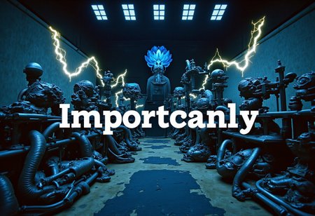 the words 'IMPORTANTLY' written in large font fills the front of frame. In the back of frame weird man with in a dark room with checkerboard blue lotus PEOPLE ARE trapped inside machinery, people crushed inside mechanical gears, high gore arms crushed and bent, signs of wailing, people in business suits trapped in machinery. floors with blood on the ground with a white interior cyber tech electricity electical circuits illuminati symbols with brains and vaginas with high technology alchemical background lightning bolts
