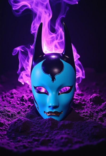 ArsMovieStill, movie still from a 1970s horror movie Studio cursed kitsune mask in a Japanese grave shrine purple cyan miasma
