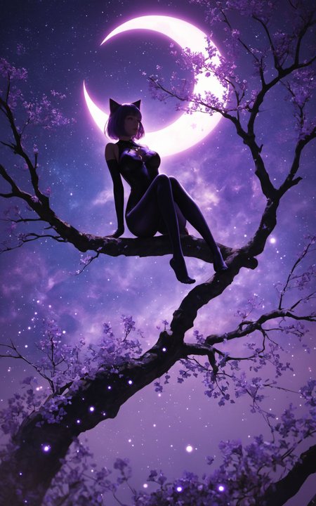 score_9,score_8_up,score_7_up,source_anime,
realistic,detailed background,masterpiece,best quality,1girl,mixed Korean,Kpop idol,
Surreal night scene,silhouette of a cat sitting on a tree branch,crescent moon in the sky,purple hues,starry night,dreamlike atmosphere,glowing edges,mystical,high contrast,ethereal light,detailed textures,whimsical,