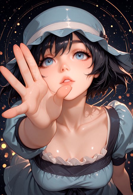1girl, artist:moriimee, masterpiece, best quality, amazing quality, very awa, absurdres, very aesthetic, highres, 4k,  ultra detailed, semi-realistic style, shimmerring, shiny skin, skindentation, , shi1na, short hair, black hair, blue eyes, reaching right hand to sky, open hand, stretched arm, ((perspective)), (view from above:1.5), face partially covered by hand, hand focus, upper body, looking at viewer, parted lips, dark background, starlights, dramatic lighting, (bokeh:1.5)   blue headwear, hat, short dress, blue dress, puffy short sleeves,collarbone, shy,, <lora:Illust\style\illustrious_all_rated_v1.safetensors:1.0000000000000002:1.0000000000000002> <lora:Illust\style\MoriiMee_Gothic_Niji_Style_Illustrious_r1.safetensors:0.6000000000000001:0.6000000000000001> <lora:Illust\style\ponyv6_noobV1_2_adamW-000017.safetensors:0.30000000000000004:0.30000000000000004> <lora:Illust\style\HerrscherAGGA2025_Little_Monsters-IL_V2.safetensors:0.4000000000000001:0.4000000000000001> <lora:Illust\char\steinsgate_shiina_illustriousXL.safetensors:0.8000000000000002:0.8000000000000002>