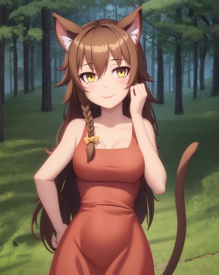 YVAO, 1girl, smile, animal ears, braid, brown hair, cat ears, hair between eyes, long hair, looking at viewer, medium breasts, solo, tail, yellow eyes, red dress, cat girl, cat ears, outdoors, forest, night