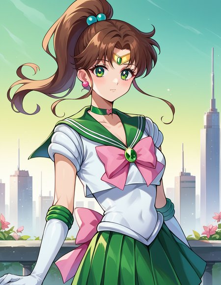 score_9, score_8_up, score_7_up, source_anime,
sailorjupiter, <lora:sailor-jupiter-ponyxl-lora-nochekaiser:1>
sailor jupiter, brown hair, circlet, green eyes, hair bobbles, hair ornament, medium hair, ponytail, sidelocks, parted bangs,
back bow, bow, bowtie, brooch, choker, earrings, elbow gloves, flower earrings, gem, gloves, green choker, green gemstone, green sailor collar, green skirt, jewelry, miniskirt, pink bow, pink bowtie, pleated skirt, sailor collar, shirt, short sleeves, sidelocks, skirt, white gloves, white shirt,
outdoors, cityscape,
looking at viewer,