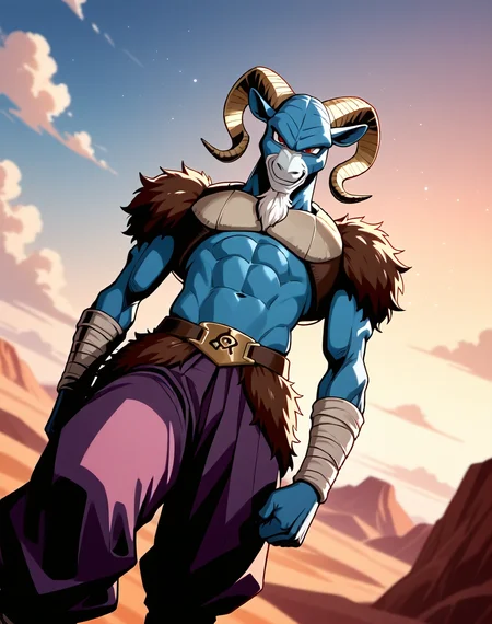 <lora:Moro_2nd_Form_(Dragonball_Z)_(Illustrious)_(AD):1.3> Moro, muscular, goat,
dutch angle, exterior, desert, sky with detailed clouds,
male focus, gradient coloring, solo, cowboy shot, bent leg, perfect proportions, goat head, blue body, soft shading, evil smirk, old, wrinkles, white beard, 
BREAK very awe, aesthetically pleasing, masterpiece, best quality, amazing quality, very aesthetic, perfect depth of field shot, in'ei, furry_art, source_furry, source_anime,
EZRealPONYXL, zPDXL, Smooth Quality, lazympos, IllustQualXL_Pos,