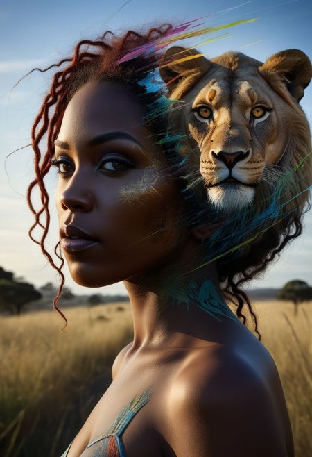mysterious silhouette of an exotic coloured woman side by side with a lion, in african savannah, goddess, alluring, by Minjae Lee, Carne Griffiths, Emily Kell, Steve McCurry, Geoffroy Thoorens, Aaron Horkey, Jordan Grimmer, Greg Rutkowski, amazing depth, double exposure, surreal, geometric patterns, intricately detailed, bokeh,  perfect balanced, deep fine borders, artistic photorealism , smooth,  great masterwork by head of prompt engineering   <lora:add-detail-xl:2>  <lora:Double_Exposure:0.5>