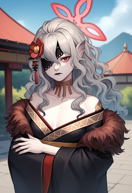 score_9_up, score_8_up, score_7_up, source_anime BREAK 1girl, solo, <lora:embla-fe-richy-v1_pdxl:1> mblny, red eyes, eyepatch, grey hair, long hair, pointy ears, halo, wavy hair, hair flower, small breasts, japanese clothes, fur-trimmed kimono, off shoulder, black nails, nail polish, black lips, detached collar, looking at viewer, closed mouth, crossed arms, standing, outdoors, new year,