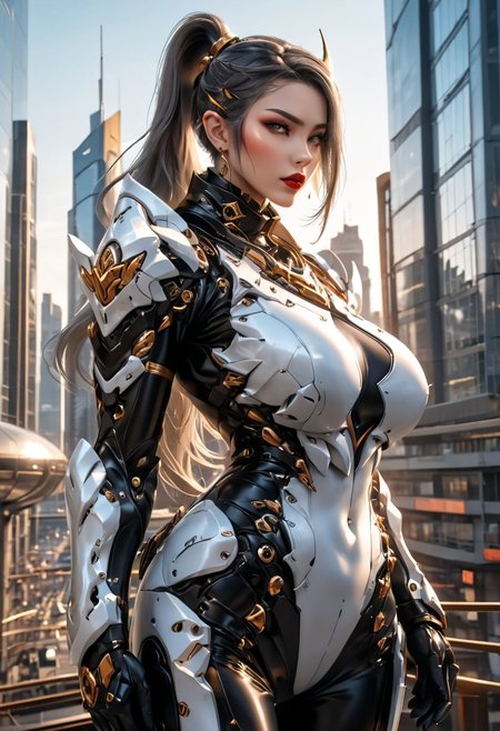 Elf Battlemech pilot. Looking at viewer, fierce, determined, dynamic pose. Wide shot, back arch.  latex choker. Huge décolletage. Beautiful young curvy model with hourglass figure, muscular arms, long hair ponytail, heavy eye makeup, lipstick. sunset on futuristic city in the background