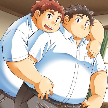 male, 2boys, 2boy, multiple characters, 
BREAK masterpiece hi res, best quality, very detailed, highly detailed texture, score_9, score_8_up, score_7_up, score_6_up,  
BREAK Expressive, cute expressive face,   
BREAK anime coloring, detailed anime shading, eyeshd, anime eyes, anime hair, human, chubby, masculine, large pectorals, moobs, broad shoulders, round face, cherubic, bara, fat, chubby, moobs, chubby cheeks, chubby face, short male, showing off chubby body, 
BREAK (1boy, Ryota, red short hair, hedgehog hair, thick red eyebrows, red eyes, fat face, belly),
BREAK (1boy, chubbyprotagonist, housamo, chubby, spikey hair, anime hair, brown hair, brown eyes, fat face),
BREAK short-sleeved white button shirt, dark grey pants, black belt, japanese clothing, school uniform, BREAK school background, sunny day
BREAK laughing, 1boy hugging the other boy and pressing bodies together, boys hugging, side hug, looking at viewer