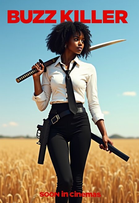 Photograph, ultra high quality, 
Beautiful Woman, Black woman, very dark skin, skinny waist, large breasts, hourglass figure, high cheekbones, thick eyebrows, huge eyes, dark brown eyes, very curly bobbed hair, black hair, 
black smoking, white shirt, black tie, standing, a sheathed katana in her right hand carried over her shoulder, a gun in her left hand hanging by her side, serious face, looking on the side,
In a wheat field, sunny day, bright blue sky, 
photo is captured from the ground, picture is a movie poster, movie title in big red letters on top of the image reads "BUZZ KILLER", at the bottom of the image is an other text in red that reads "soon in cinemas",
highly detailed,
