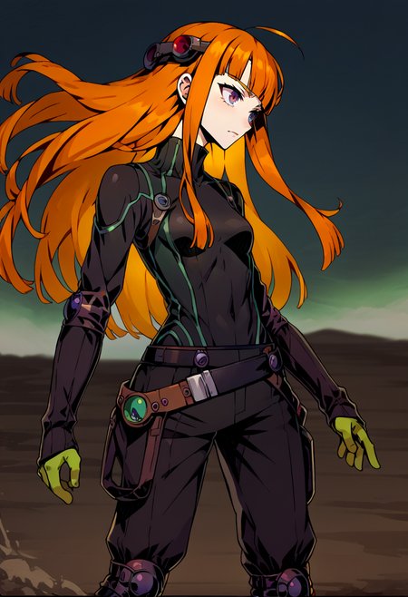 <lora:Unlight:1> Unlight,  <lora:zs_FutabaXL:0.8> futabaoracle, orange hair, long hair, blunt bangs, ahoge, purple eyes, goggles on head, black bodysuit, green gloves, black pants, belt, knee pads,, score_9, score_8_up, score_7_up, source_anime,