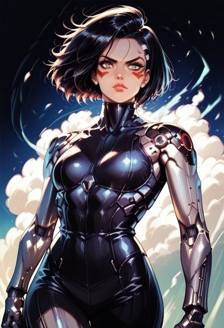 realistic, score_9,score_8_up,score_7_up, PollyStyleMix , alita, battle angel alita, cyborg, mechanical arms, bodysuit, red facial marks, black hair, short hair, cyberpunk, cowboy shot, badass expression