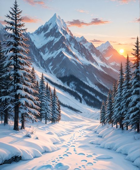 masterpiece, best quality, amazing quality, very aesthetic, perfect eyes, Sinozick_illu, crestyle, Sinozick_illu, gr4ph1t3,
,outdoors, sky, cloud, tree, no_humans, sunlight, nature, scenery, snow, forest, sunset, ice, mountain, sun, winter, bare_tree, footprints, pine_tree,A stunning landscape photograph of a mountain range during sunset. The sky is a beautiful mix of oranges, pinks, and purples, with the sun setting in the background. The mountains are covered in a blanket of snow, with a few trees scattered along the banks. The water is calm and reflects the warm light. The overall mood is peaceful and serene. The image is high quality and has a soft, painterly quality.
