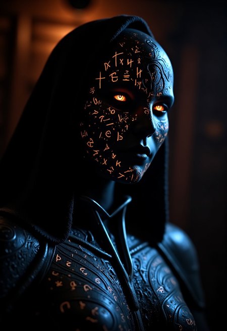 In the dim light of a flickering forge, the Rune Knight stands still as a statue, her presence radiating an ancient, quiet power. Her face, partially obscured by a helm of dark iron, reveals only her right eye—piercing, cold, and aglow with an ethereal light. Encircling it, intricate runes swirl in perfect symmetry, etched into her skin as if by the hands of forgotten gods. These glowing symbols pulse faintly with a deep, arcane energy, shifting between silver and violet, each rune a ward, a seal, and a weapon in itself.
Her eye, sharp as a blade, gleams beneath the runes—an endless well of knowledge and battle-won wisdom. The light of the runes casts delicate shadows across her angular features, giving her an almost unearthly beauty, one forged in both fire and magic. As the runes burn brighter, the air around her seems to hum with their power, a subtle warning to any who would dare meet her gaze.
Her armor, black as night and inscribed with the same ancient runes, shimmers faintly in the dim light, each piece a relic of wars long past. The runes around her eye seem alive, as if they whisper secrets only she can hear, binding her to the powers of the deep.
