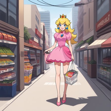 score_9, score_8_up, score_7_up, score_6_up, score_5_up, score_4_up, zPDXL2,source_anime,rating_questionable,<lora:Cityscape:0.7> c1tysc4pe, outdoors, cityscape, buildings, urban, street,  princess peach, shopping bags, looking at viewer, smile