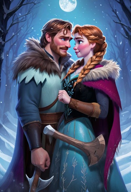 by Lois van Baarle,  1 female, anna from the movie frozen, 1 male, kristoff rom the movie frozen, couple, lovers,  axe, fur cape, garland of beads, night, moon, snow, blizzard, illustration, 2d, best quality, best facial detail