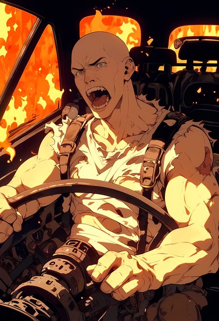 score_9, score_8_up, score_7_up, score_6_up, zy_bebbo, solo, open mouth, shirt, 1boy, male focus, teeth, english text, torn clothes, muscular, fire, ground vehicle, bald, car interior, steering wheel, <lora:zy_bebbo_v1:0.8>