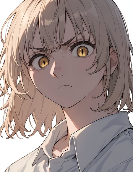 <lora:Falin:1>f4lin-thorden, 1girl, portrait, looking at viewer, annoyed, collared shirt, simple white background, white shirt, close-up, frown, slit pupils