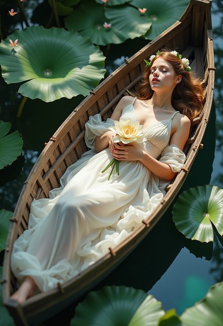 A young maiden with alabaster skin and corvus tresses adorned with ivory lilies, reclines languorously in a weathered wooden rowboat.  Capture the diaphanous quality of her gossamer white gown as sunlight, filtering through the verdant canopy of lotus leaves, illuminates her with a halcyon glow. Her pose should exude an air of ethereal grace, limbs arranged in a manner suggesting both relaxation and classical elegance.  Utilize a high angle shot, mimicking the perspective of a divinity gazing upon their creation.  Emphasize the juxtaposition between the maiden's delicate beauty and the rustic charm of the boat, all set against a backdrop of shimmering cerulean water and vibrant lily pads.  The image should evoke a sense of tranquil serenity and timeless beauty, reminiscent of classical paintings depicting nymphs and goddesses.  Add butterflies with iridescent wings fluttering around her, attracted by the lotus blossoms she holds, to further enhance the scene's ethereal aura.  Symbolist chiaroscuro, tenebrist, volumetric lighting, subtle halation, high-contrast, film grain, teal and orange color grading, high dynamic range, S-curve gamma