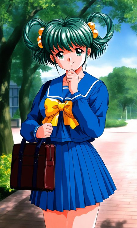 general,highres, ultra-detailed,very aesthetic,best quality ,best hands, BREAK <lora:Tatebayashi_Miharu_Tokimeki_Memorial_IS:1>
Tatebayashi_Miharu(Tokimeki_Memorial), 1girl, solo, hair rings, hair ornament, Yellow bobbles, green hair, bangs, short hair, green eyes, medium breasts, 
school uniform, blue serafuku, blue skirt, Yellow bow, sailor collar, blue sailor collar, smile, long sleeves, pleated skirt, hand on own chin, outdoor, tree, sky,
School bag, hold,