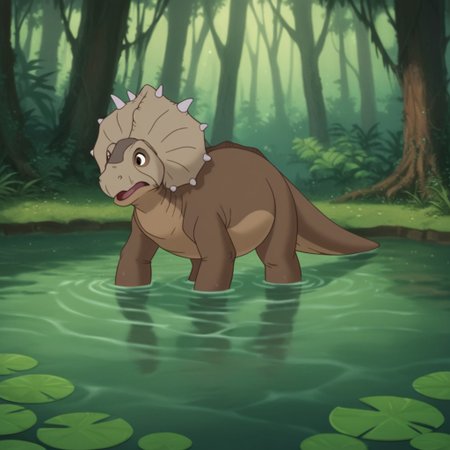 score_9, score_8_up, score_7_up, score_6_up, score_5_up, score_4_up, source_furry, thicknoselbt, feral, male, dinosaur, crest, spikes, Pachyrhinosaurus, brown skin, brown eyes, standing, water, pond, wading, forest,