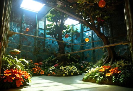 Photograph, masterpiece,best quality, of An astonishing award winning, art installation, the interior of an incredible starship, poly acrylic resin molded tree sculptures, fake plastic flowers, 1970s Brazilian Tropicalia retrofuturism, in the style of Pipilotti Rist, complex shadows, retro, science fiction style