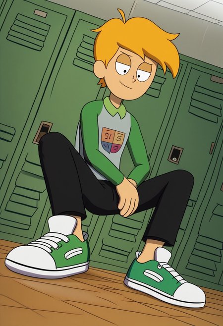 nocunoct, male focus, 1boy, solo, Twig, modelling, Dutch angle, leaning against lockers, locker room, pretty boy, on foot on floor, sneakers,