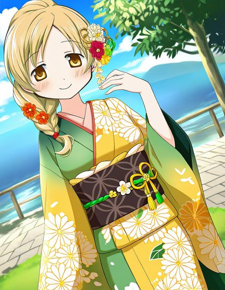 masterpiece, best quality, newest, absurdres, highres, safe, 1girl, tomoe mami \(haregi costume\), magia record: mahou shoujo madoka magica gaiden, smile, solo, day, outdoors, dutch angle, <lora:tomoe_mami_noobaiXLNAIXL_vPred10Version:0.7>