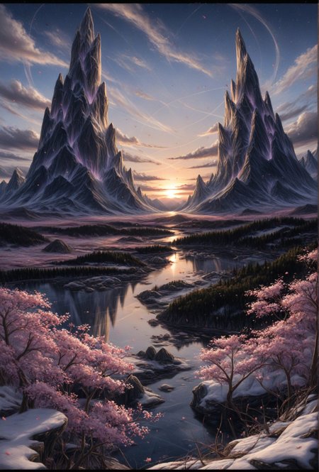 masterpiece, best quality, amazing quality, very aesthetic, perfect eyes,hiper realistic,

,outdoors, sky, cloud, water, tree, no_humans, cloudy_sky, cherry_blossoms, scenery, nature, snow, reflection, sunset, crystal, mountain, fantasy, twilight, landscape, gradient_sky, colorful, lake, sunrise, purple_sky, reflective_water,A stunning digital painting of a surreal landscape featuring two tall, crystal-like mountains, a calm lake, and a vibrant, ethereal sky. The sky is filled with a mix of blues, purples, and pinks, with a dreamy, almost ethereal atmosphere. The mountains are silhouetted against the sky, and the lake reflects the colors, creating a mirror-like effect. The landscape is lush with cherry blossom trees, adding a touch of beauty and serenity to the scene. The art style is reminiscent of fantasy art, with intricate details and vibrant colors.
