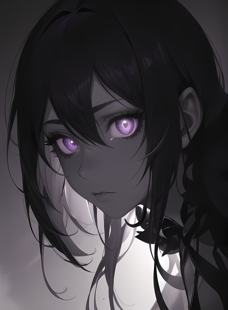 (masterpiece, best quality, ultra-detailed, best shadow), hyper detail,best illumination,8k,
long hair,(hair flaps),flipped hair,(purple eyes),shaded face,slit pupils,expressionless,pastel colors,
(dramatic pose),close-up,trending on ArtStation,((monochrome)),