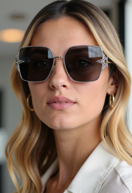clo035, head shot of a beautiful woman, wearing a Christian Dior sunglasses with a metal frame and black lenses. The sunglasses have a star-shaped design. white shirt, blonde hair, looking in the camera, smiling, in a fashion store