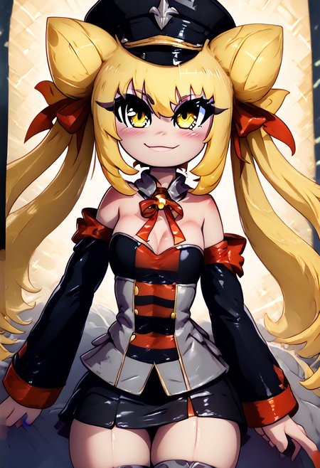 (((Rilex Lenov artstyle))), score_9, score_8_up, score_8, medium breasts, (curvy), cute, eyelashes,       BREAK, ,  zzGiratanya, yellow eyes, long hair, blonde hair, twintails, cone hair bun, double bun, hair bun,  black military hat, grey military uniform, black skirt, thighhighs, long sleeves, ribbon, bare shoulders, hair ribbon, detached sleeves,   <lora:Giratanya_CitronOC_PDXL_v2:0.8>,, BREAK, smile, closed mouth, looking at viewer, cowboy shot,  ,,, embedding:zPDXL, Expressiveh, ,,, <lora:MantisStyle_PDXL_v2:0.8>, <lora:SDXLFaeTastic2400:0.5>, <lora:Expressive_H-000001:0.4>,
