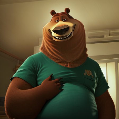 score_9_up, score_8_up, score_7_up, high quality, detailed, source_furry, male, solo male, 1boy, broad shoulders, mature male, brown eyes, chubby, animal ears, bear, brown bear, anthro, belly, big snout, looking at viewer, smiling, navy green shirt, indoors, living room, half-body, bust shot